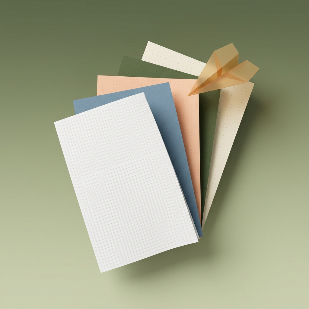 A fanned stack of printed report pages in grey graph grid, dusty blue, peach and moss green, with a translucent amber paper plane resting on top