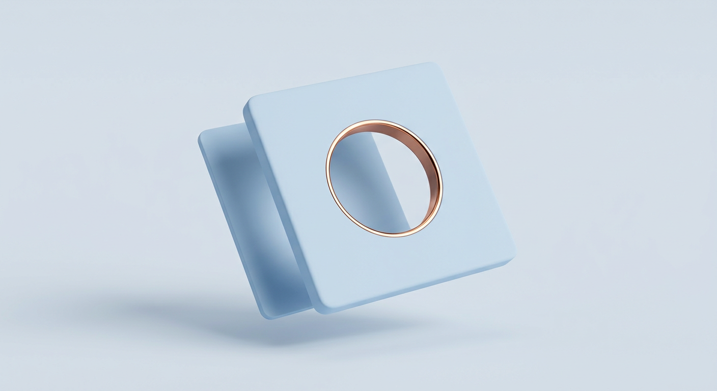 A pale blue square slab with a round copper-rimmed cutout, floating in front of a second slab