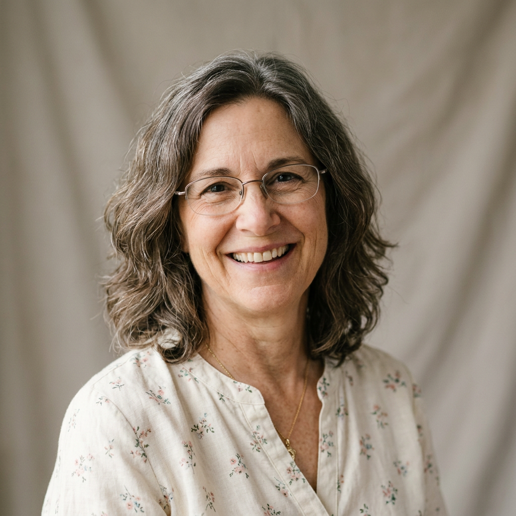 Generated image of a smiling woman in her sixties with grey-brown wavy hair and glasses, in a cream floral blouse